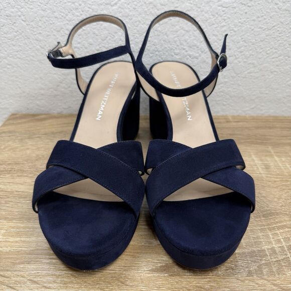 Stuart Weitzman Dayna 80MM Leather Platform Sandals SIZE 10 B Blue Suede